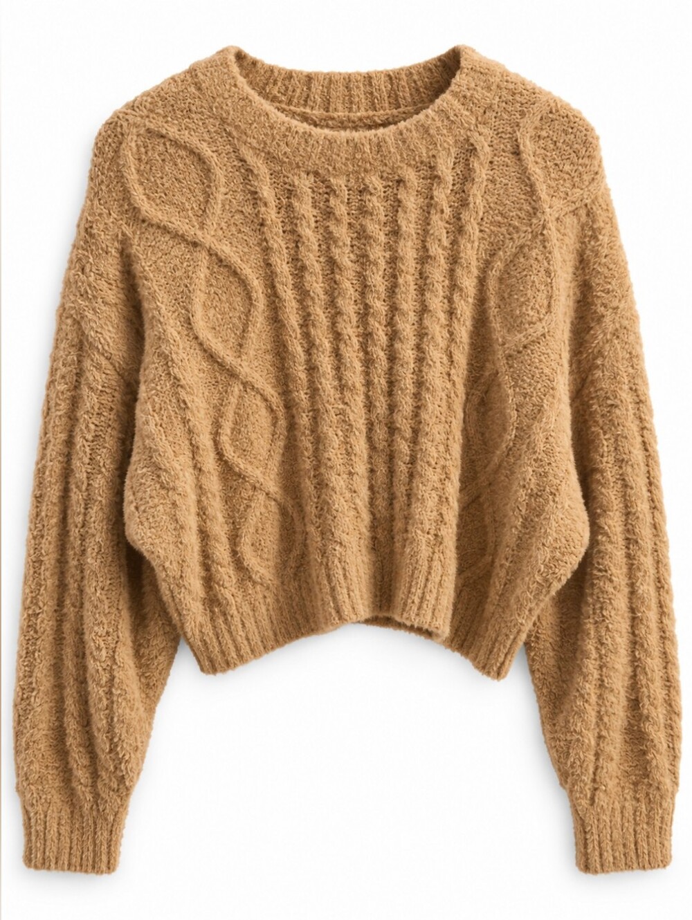 Aerie Tan Fuzzy Cable Knit Cropped Sweater M Oversized Slouchy Soft, Heritage